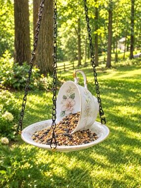 Vintage Tea Cup And Saucer Hand Crafted Bird Feeder  Great Gift Idea!